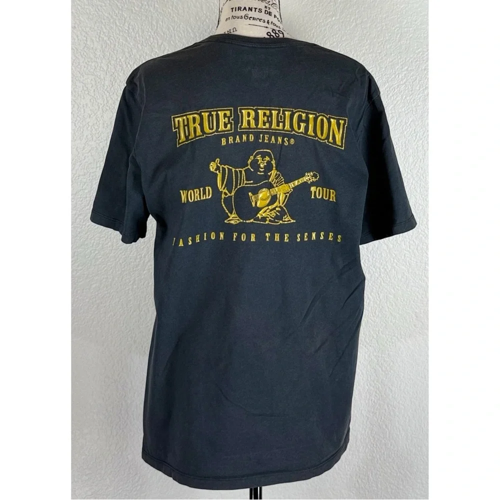 True Religion Distressed Black Buddha Logo Tee Shirt with Gold Emblem Medium